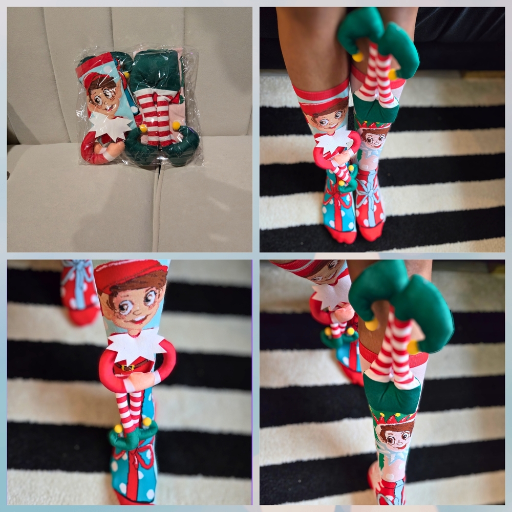 Elf-Themed Kids Socks with Plush Toy - Green and Red